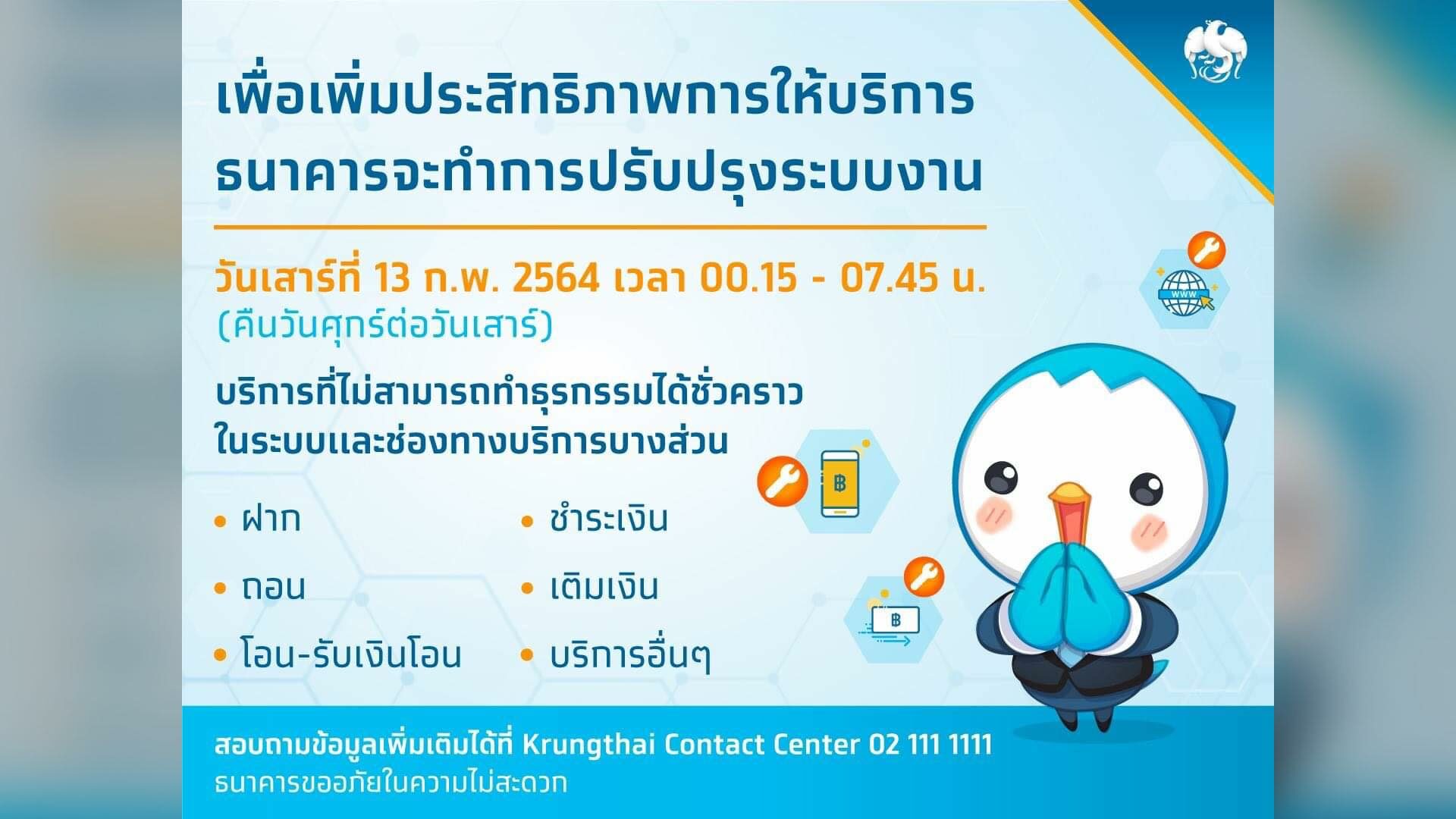 กรุงไทย ปิดระบบ "Krungthai NEXT เป๋าตัง เป๋าตุง ถุงเงิน" เสาร์ที่ 13 ก.พ. 64