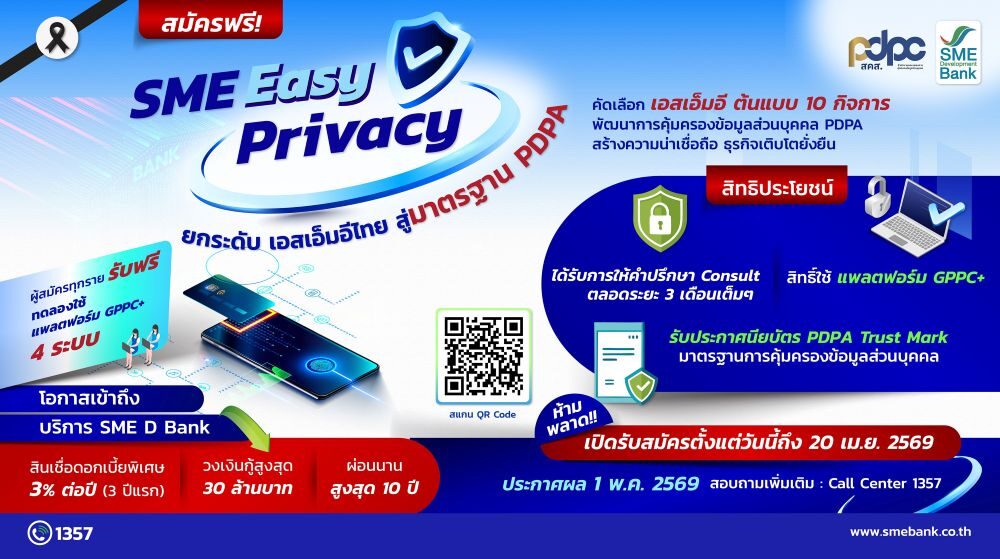 SME D Bank เปิดรับสมัครเอสเอ็มอี ร่วมโครงการ “SME Easy Privacy”