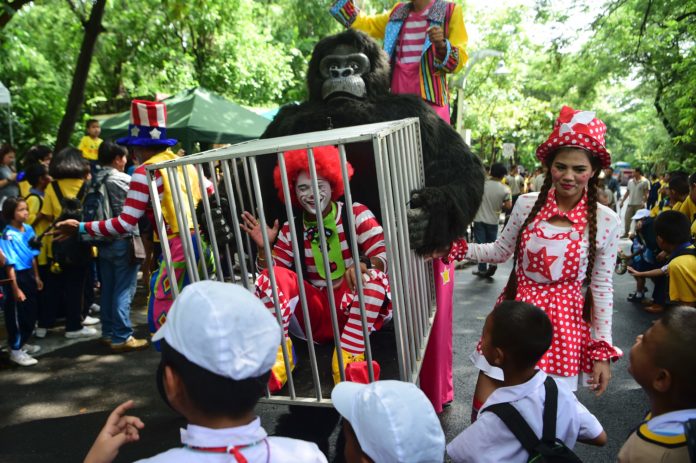 Performers in costume take part in a rally to celebrate female hippopotamus Mali's 50th birthday at the Dusit Zoo in Bangkok on September 23, 2016. / AFP PHOTO / MUNIR UZ ZAMAN