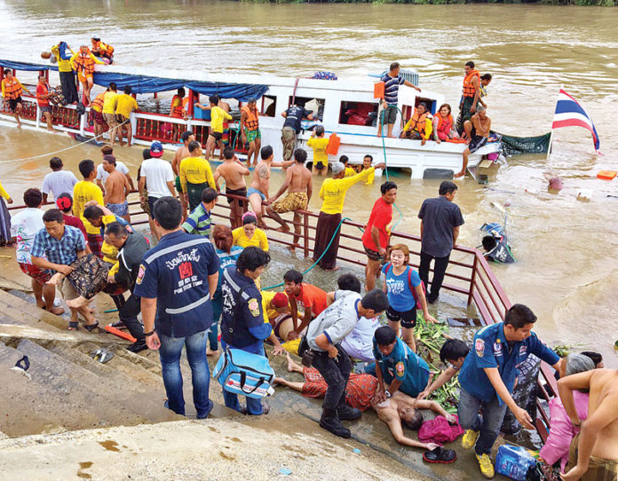 ตายหมู่ - อุบัติเหตุเรือนำเที่ยว 2 ชั้น หักหลบเรือแล่นสวนมา เสียหลักชนแพท่าน้ำ ล่มและจมลงบริเวณหน้า วัดสนามไชย ต.บ้านป้อม จ.พระนครศรีอยุธยา เบื้องต้นพบผู้เสียชีวิต 19 ราย สูญหายหลายราย บาดเจ็บอีกหลายสิบคน