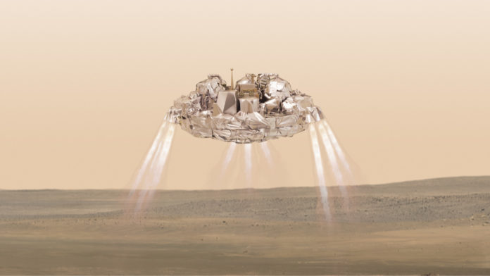 This artist impression provided by the European Space Agency, ESA, shows the Schiaparelli module with thrusters firing. On Wednesday Oct. 19, 2016 Schiaparelli will enter the martian atmosphere at an altitude of about 121 km and a speed of nearly 21 000 km/h. Less than six minutes later it will have landed on Mars. The probe will take images of Mars and conduct scientific measurements on the surface, but its main purpose is to test technology for a future European Mars rover. Schiaparelli's mother ship ,TGO, will remain in orbit to analyze gases in the Martian atmosphere to help answer whether there is or was life on Mars. (ESA/ATG-medialab via AP)