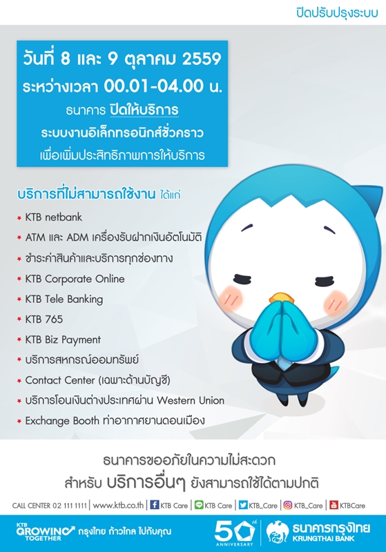 ธนาคารกรุงไทยแจ้งปิดระบบอิเล็กทรอนิกส์ชั่วคราว 8-9 ต.ค.นี้ ระหว่าง  00.01-04.00 น. - ข่าวสด
