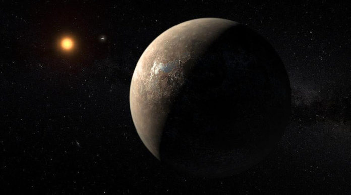 A handout image made available by the European Southern Observatory on August 24, 2016, shows an artist's impression of the planet Proxima b orbiting the red dwarf star Proxima Centauri, the closest star to the Solar System. © M. Kornmesser / AFP