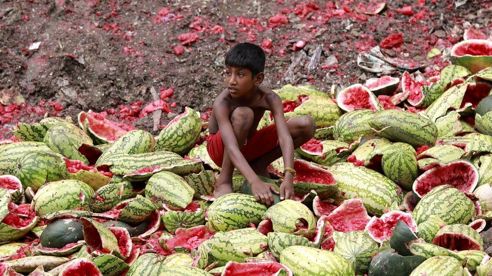Child stands on dumped watermelons in Bangladesh