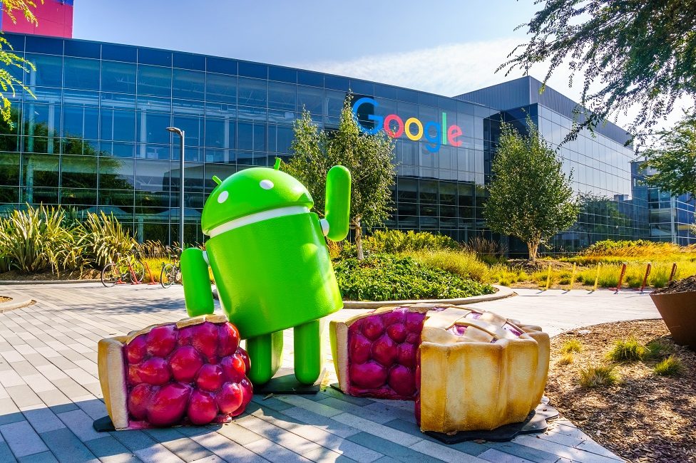 Sculptures of an Android and a cherry pie at at the entrance of Googleplex, Google's HQ in the south San Francisco bay area