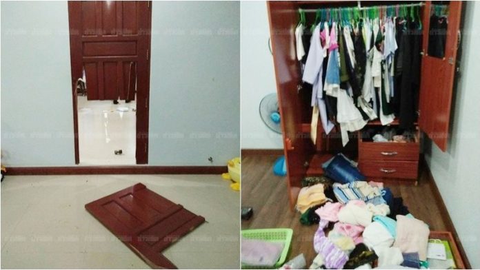 สภาพภายในบ้านที่ถูกคนร้ายพังประตูและรื้อค้นทรัพย์สิน