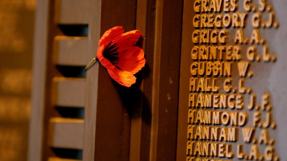 Poppies and crosses with the names of the fallen are displayed during Remembrance Day in Adelaide, Australia, 11 November 2018