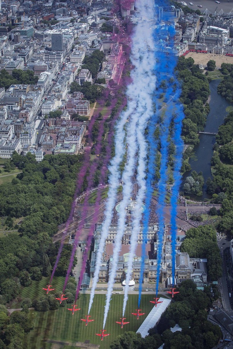 Royal Air Force Aerobatic Team (RAFAT) of RAF Scampton taking part in the flypast as it flies over the London skyline and down The Mall