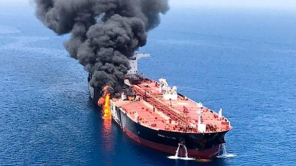 The crude oil tanker Front Altair on fire in the Gulf of Oman, 13 June 2019