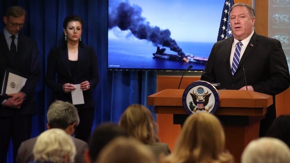 US Secretary of State Mike Pompeo (right) speaks in Washington. Photo: 13 June 2019