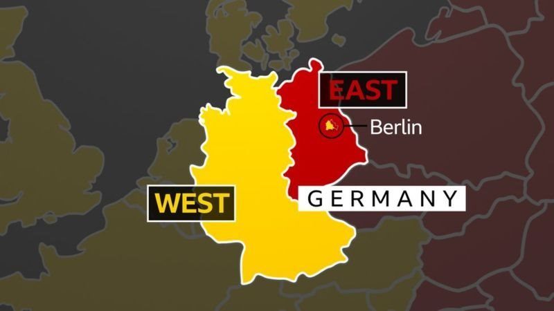 This map shows how Germany was split down the middle, with the capital city of Berlin in the Soviet-controlled east side of the country
