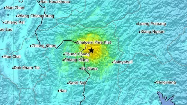 A handout intensity shake map made available by the US Geological Survey (USGS) on 21 November 2019 shows a shake map of the magnitude 6.1 earthquake that struck at a depth of 10km, near near the district of Muang Nan in northern Thailand, 21 November 2019.