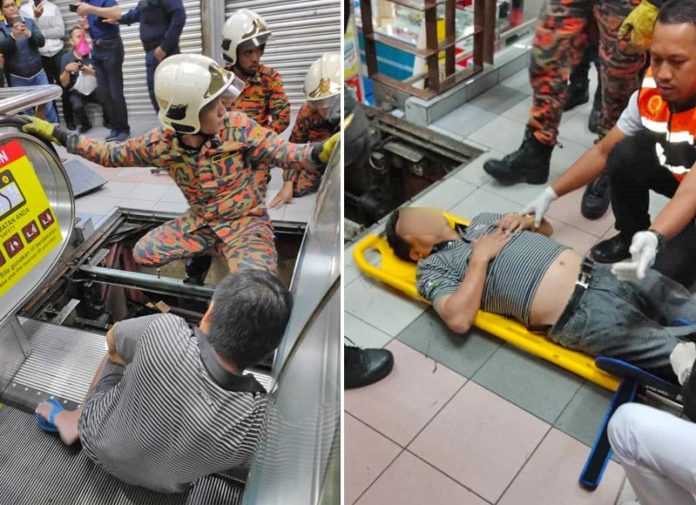 ลุงถูกบันไดเลื่อน “ดูดขาหาย”