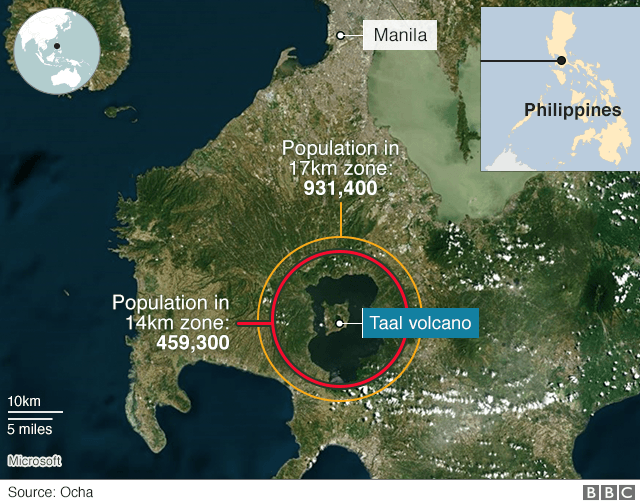 A map showing Taal volcano south of Manila