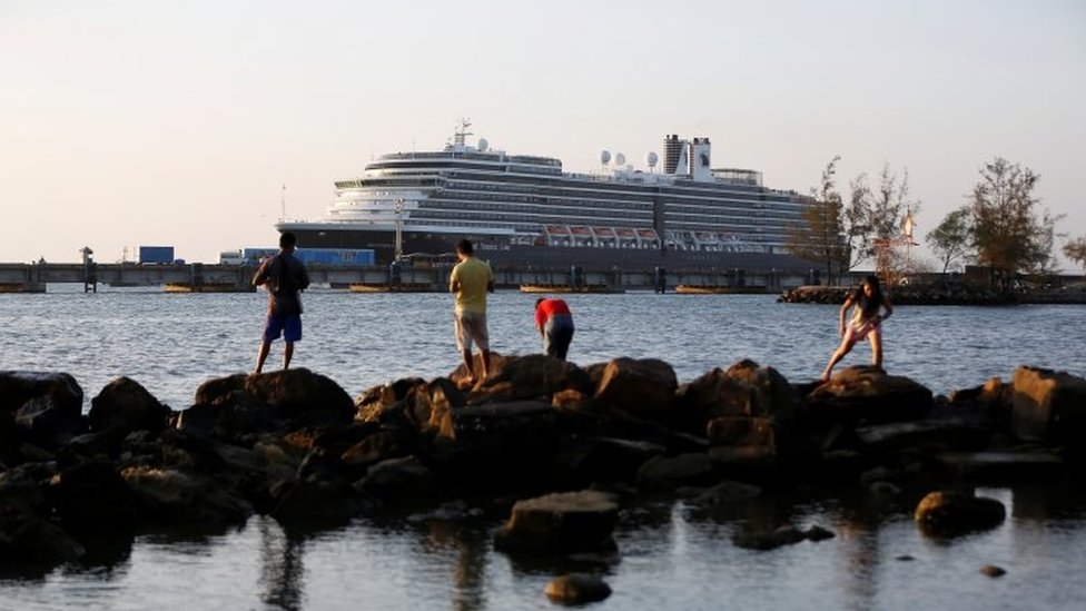 MS Westerdam cruise ship is moored at port in Sihanoukville, where it has been granted permission to dock following nearly two weeks at sea after being turned away by five countries over coronavirus fears, Cambodia February 13, 2020.