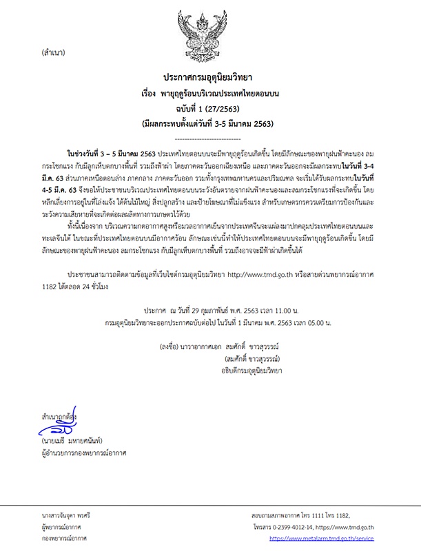 ประกาศ กรมอุตุฯ เรื่องพายุฤดูร้อนพัดถล่มทั่วไทย