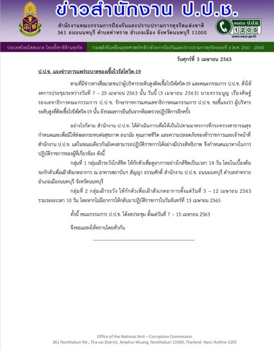 ป.ป.ช. แจงปมผู้บริหารระดับสูงติดโควิด ยังรอผลการยืนยันจากห้องตรวจปฏิบัติการอีกครั้ง สั่งกักตัวจนท.ใกล้ชิด 14 วัน กลุ่มฝ้าระวังให้กักตัว 10 วัน