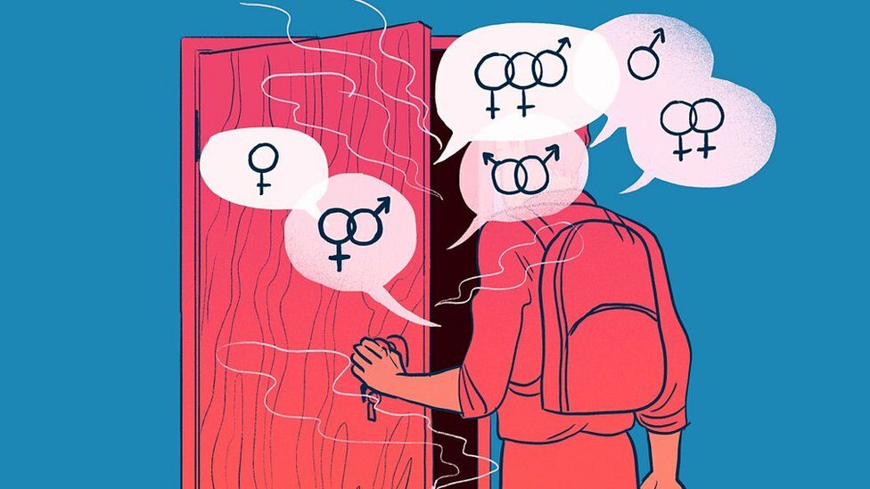 A person walks through a door while thinking about sex related questions