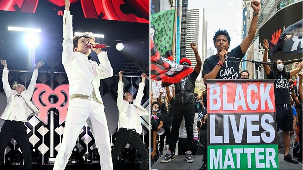 Composite image of K-Pop's Hope and BTS, and Black Lives Matter protesters
