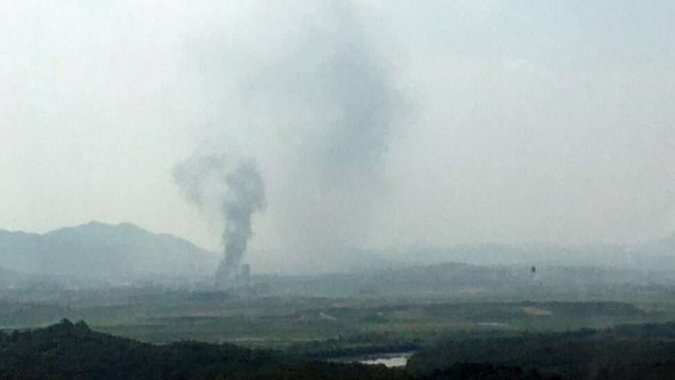Smoke rises from Kaesong Industrial Complex in this picture taken from the south side in Paju, South Korea