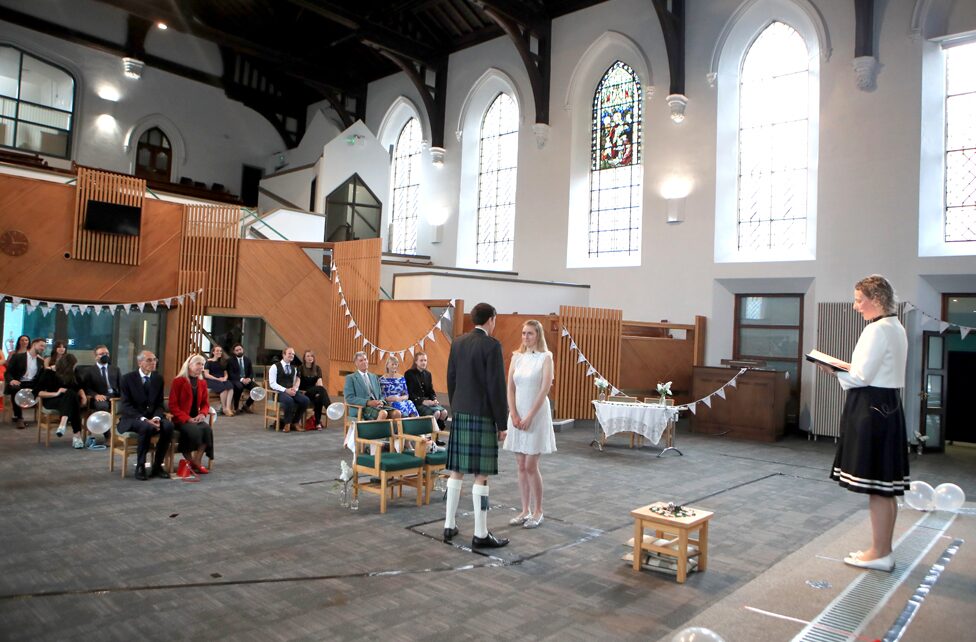 The wedding of Tom Hall and Heather McLaren at St George's Church, Leeds