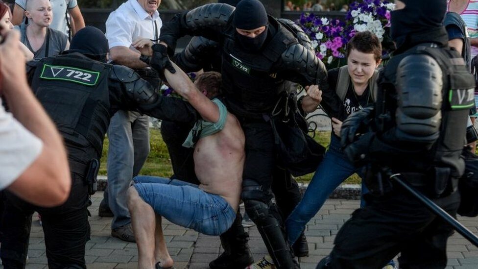 Riot police detain a protester in Minsk, Belarus. Photo: 10 August 2020
