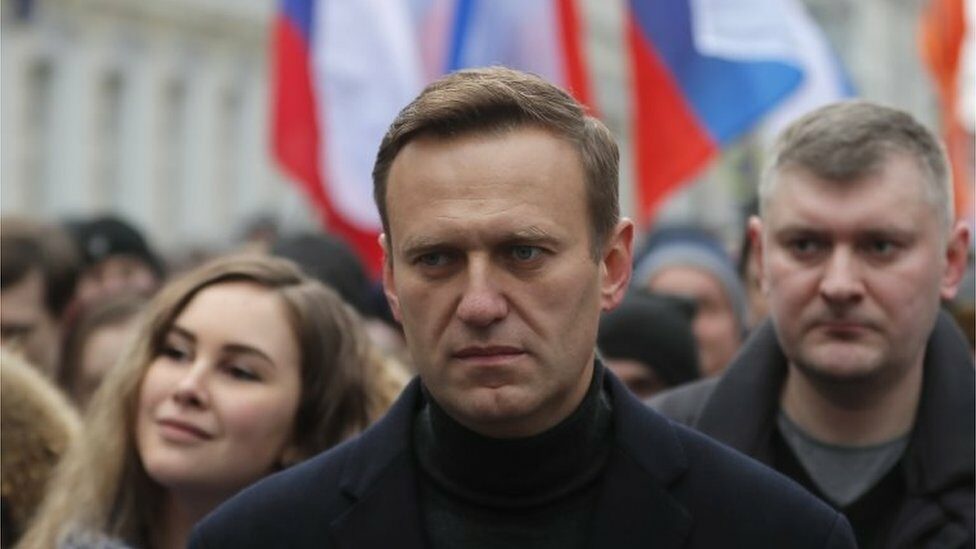 Russian opposition leader and anti-corruption activist Alexei Navalny (C) takes part in a memorial march for Boris Nemtsov marking the fifth anniversary of his assassination in Moscow, Russia, 29 February 2020