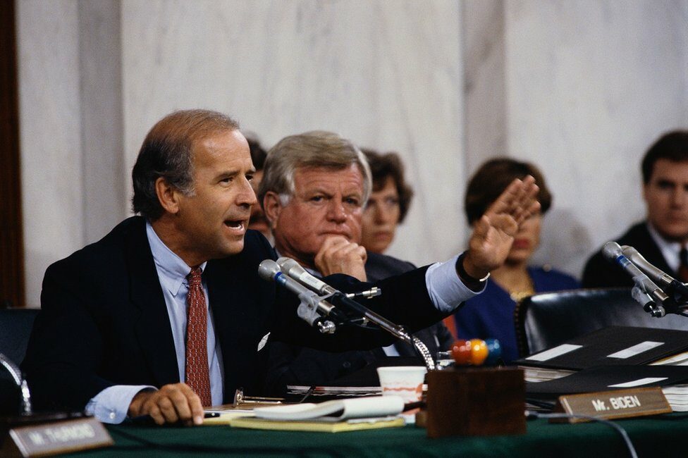 Senators Joseph Biden and Ted Kennedy attend the Clarence Thomas confirmation hearings
