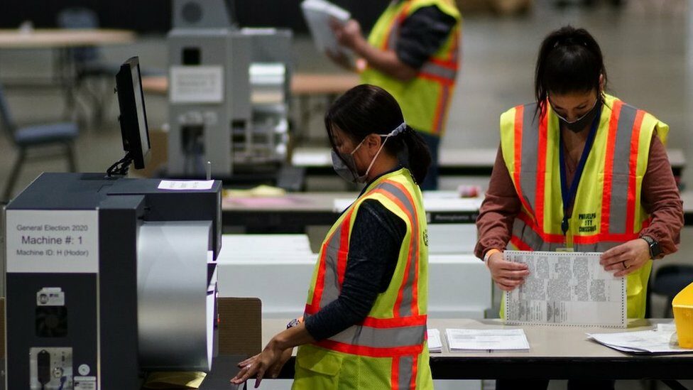 Electoral workers count ballots during the 2020 U.S. presidential election in Philadelphia, Pennsylvania, U.S., November 3, 2020.