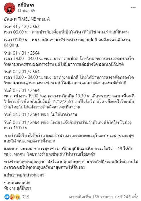 สุกี้ นินจา เปิดเผยไทม์ไลน์ พนักงานติดโควิด