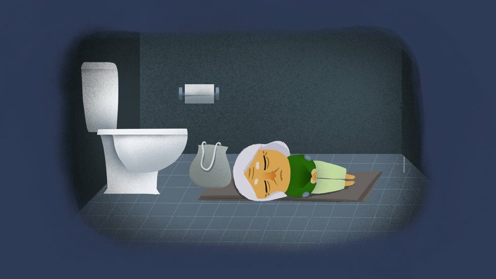 Illustration of Ahn Ok-rhan sleeping on the floor of a public toilet.