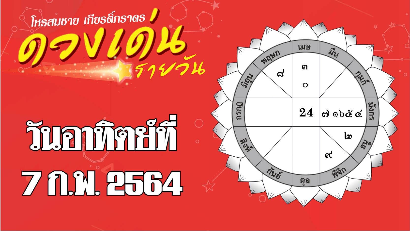 ดวงเด่นรายวัน อาทิตย์ที่ 7 กุมภาพันธ์ 2564 ราศีใดการเงินหมุนเวียนคล่องมือ ราศีใดได้ลาภจากเพศตรงข้าม