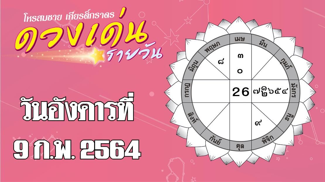 ดวงเด่นรายวัน อังคารที่ 9 กุมภาพันธ์ 2564 ราศีใดความรักนำโชคลาภมาให้ ราศีใดเรื่องงานได้ตำแหน่งที่ต้องการ