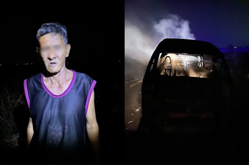 ลุงขับรถตู้รับส่งพนักงาน ข้ามอำเภอในพื้นที่ จ.ลพบุรี โผล่กลางทุ่งนา รถติดหล่ม ก่อน ไฟไหม้รถ