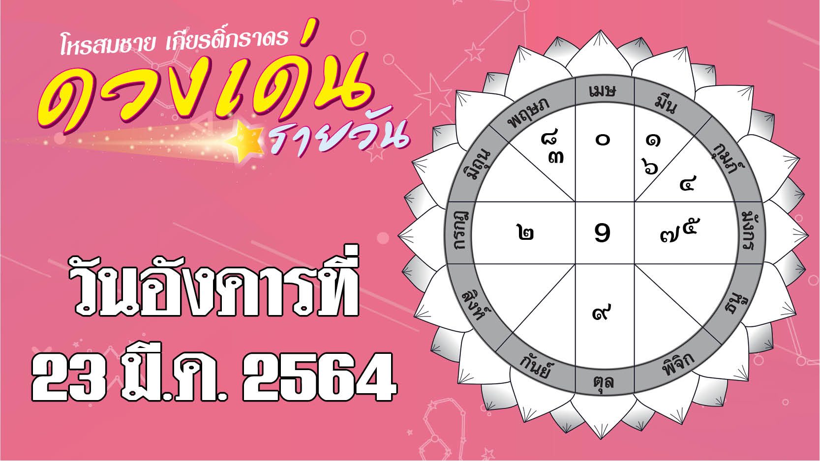 ดวงเด่นรายวัน อังคารที่ 23 มีนาคม 2564 ราศีใดเสียเงินเพราะเพศตรงข้าม ราศีใดเสี่ยงโชคเก็งกำไรได้ผลคุ้มค่า