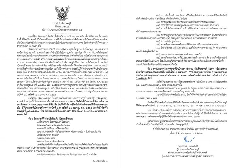 นนทบุรี ยกระดับคุม โควิด ออกคำสั่งปิดสถานที่เสี่ยงเพิ่ม 19 ประเภท มีผล 27 เม.ย.นี้