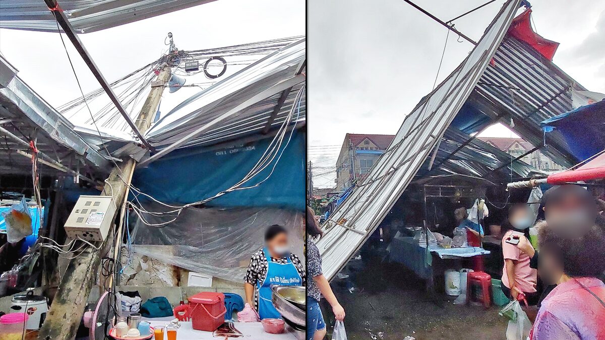 แม่ค้าลูกค้าวิ่งหนีตาย พายุถล่มพัดหลังคาตลาดปลิวว่อน เสาไฟหักโค่น