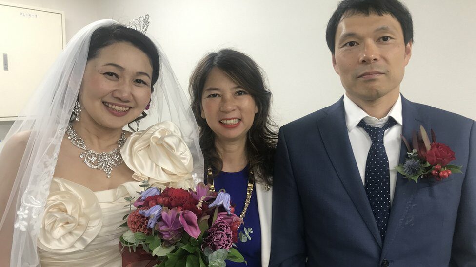Cheiko Mitsui, Cheiko Date, and Cheiko Mitsui husband on their wedding day