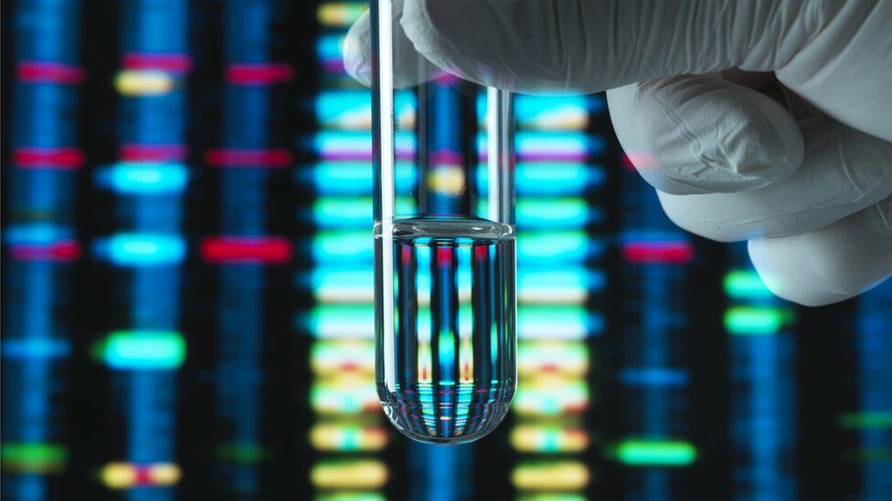 DNA sample held in front of sequencing charts