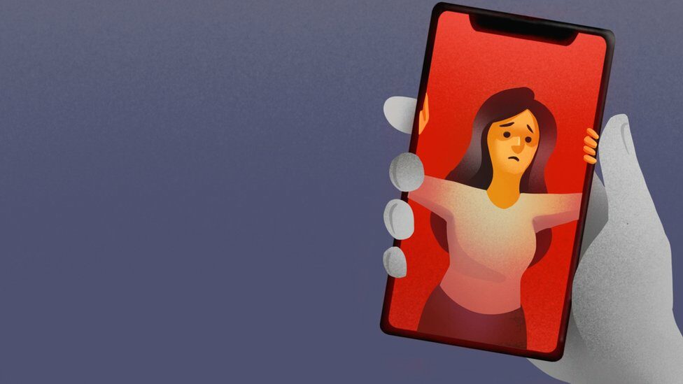 Illustration of revenge porn victim looking trapped inside the screen of mobile phone.