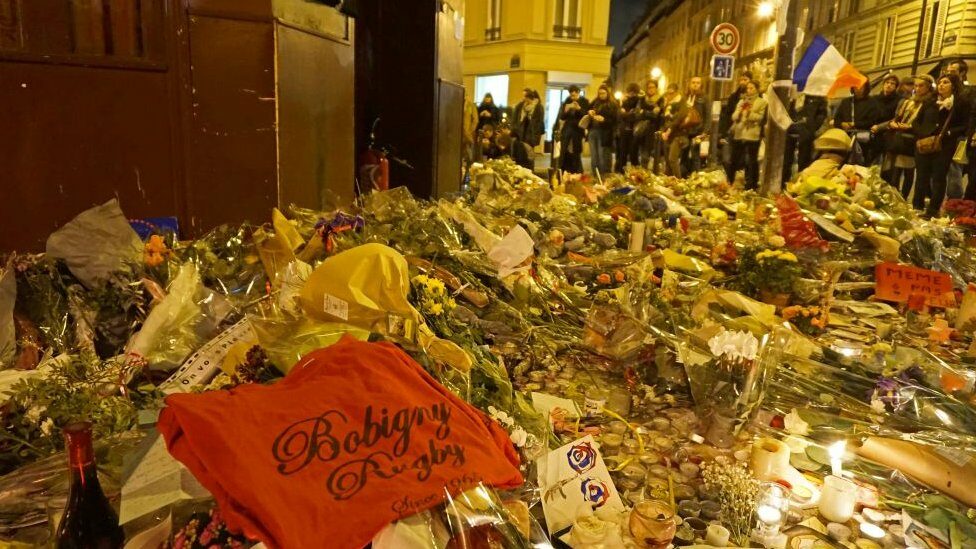 Flowers commemorating the victims of the Paris attack in November 2015
