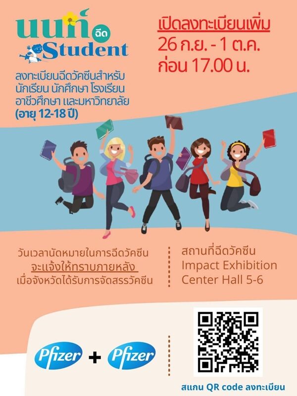 นนทบุรี เปิดละเทียนฉีดวัคซีน ไฟเซอร์ สำหรับนักเรียน-นักศึกษา ตั้งแต่วันที่ 26 ก.ย.-1 ต.ค.2564