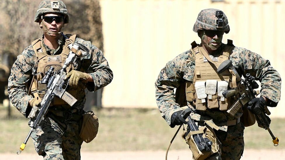 US Marines from MRF-D (Marine Rotational Force Darwin) participate in an urban assault as part of Exercise 'Talisman Sabre 21' on July 27, 2021 in Townsville, Australia.