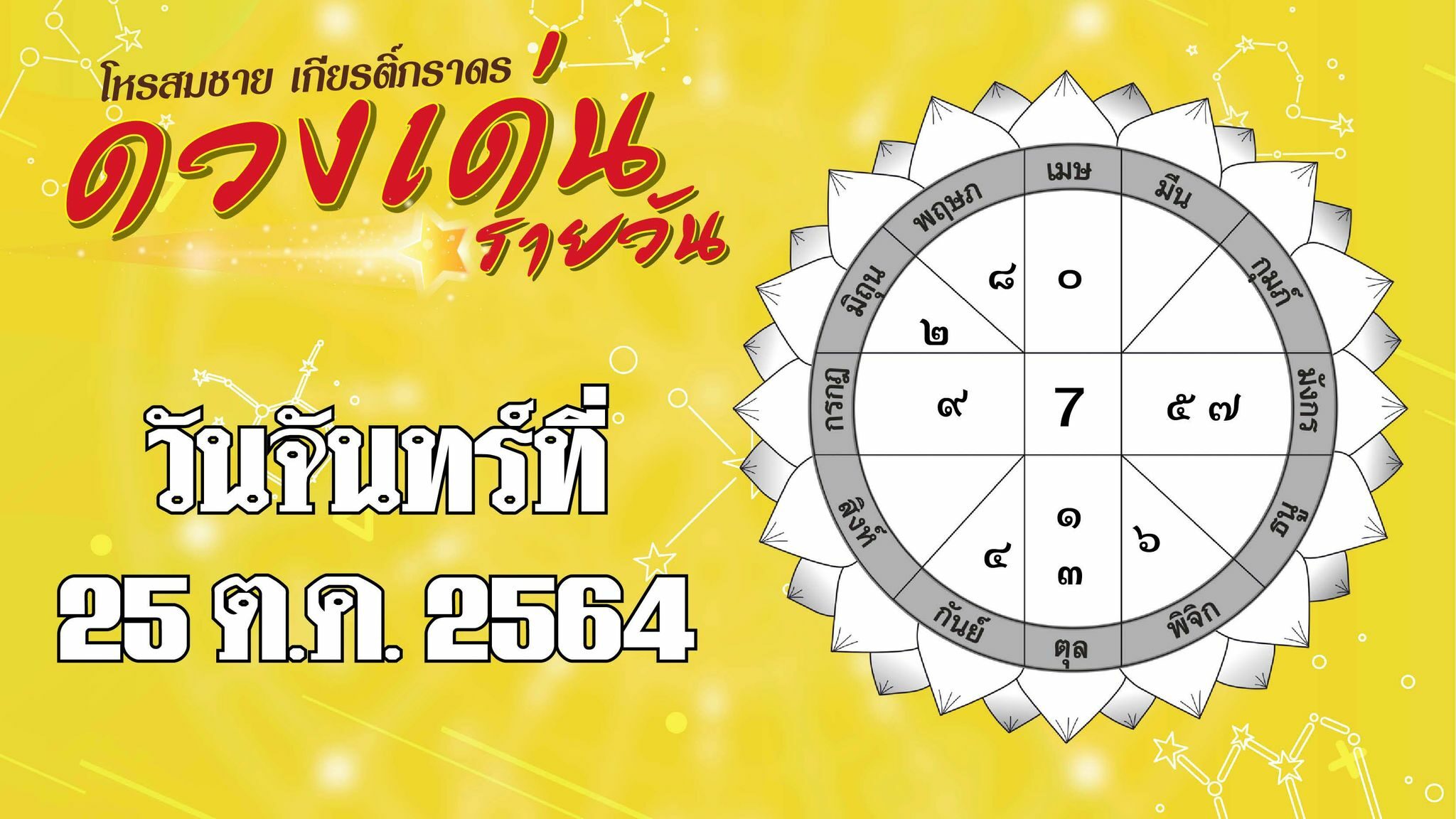 ดวงเด่นรายวัน โหรสมชาย เกียรติ์ภราดร วันจันทร์ที่ 25 ตุลาคม พ.ศ.2564