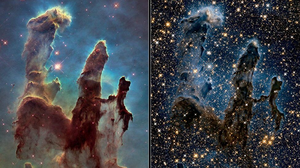 Images of the Pillars of Creation appear in visible and in near-infrared light