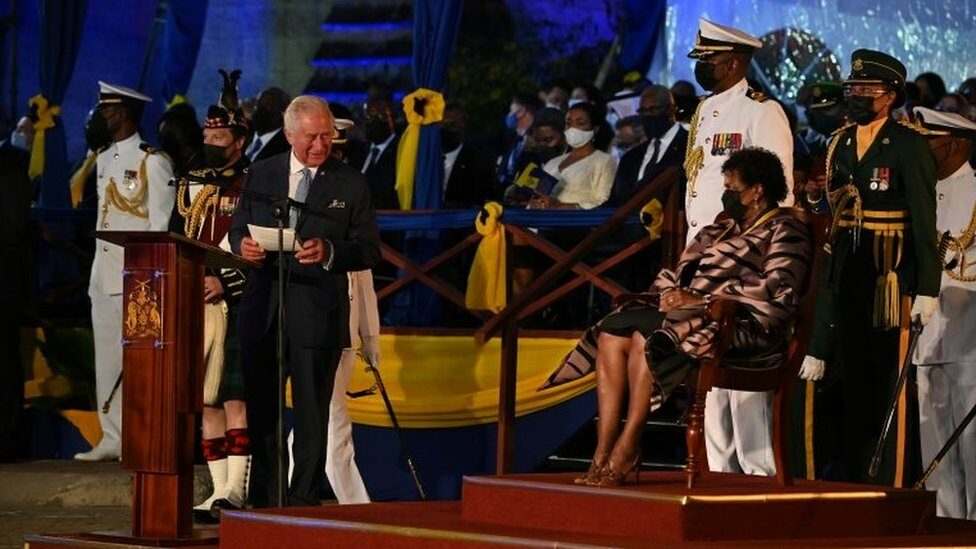 Britain"s Prince Charles speaks as Barbados President Sandra Mason looks on during the Presidential Inauguration Ceremony to mark the birth of a new republic in Barbados at Heroes Square in Bridgetown, Barbados, November 30, 2021