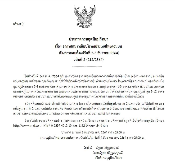 กรมอุตุฯ ประกาศฉบับที่ 2 เตือน 3-5 ธ.ค.นี้ ไทยตอนบนหนาว-ลมแรง อุณหภูมิลด 4 องศา