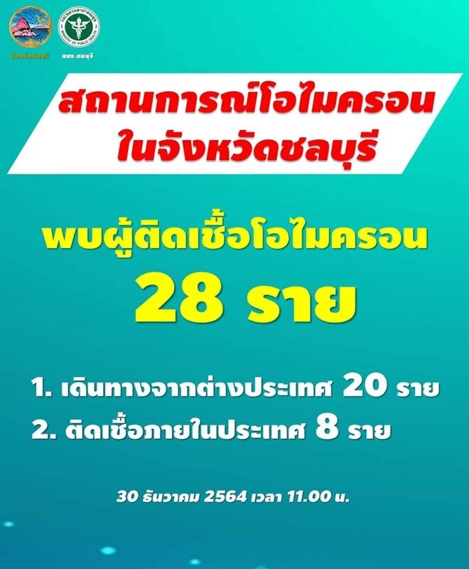 ชลบุรี รายงานสถานการณ์ของโรคโควิด พบ ผู้ป่วยติด โอมิครอน เพิ่มเป็น 28 ราย