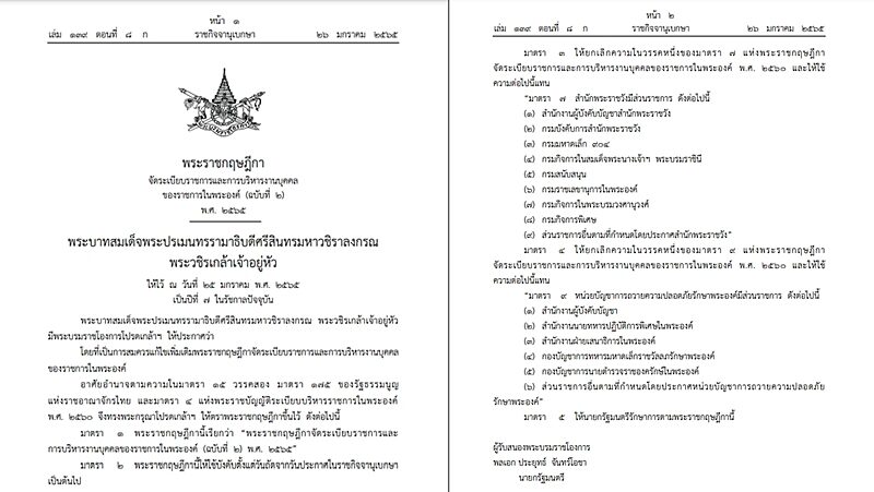 พระบรมราชโองการ โปรดเกล้าฯ ประกาศแก้ไขเพิ่มเติมพระราชกฤษฎีกาจัดระเบียบราชการและการบริหารงานบุคคล ของราชการในพระองค์ ฉบับใหม่