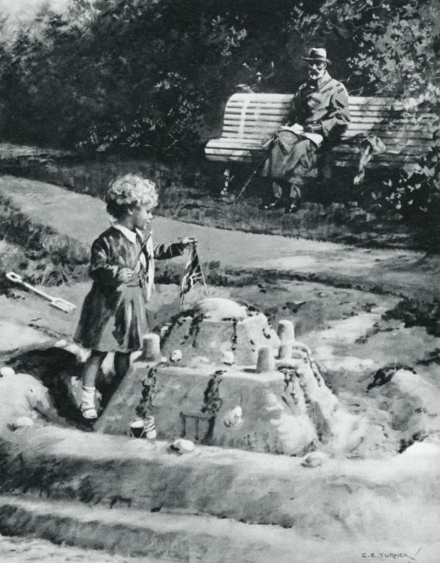 ภาพเจ้าหญิงเอลิซาเบธ ทรงก่อปราสาททราย ขณะที่พระอัยกา กำลังทอดพระเนตรอยู่ในบอกเนอร์รีจิส ปี 1929